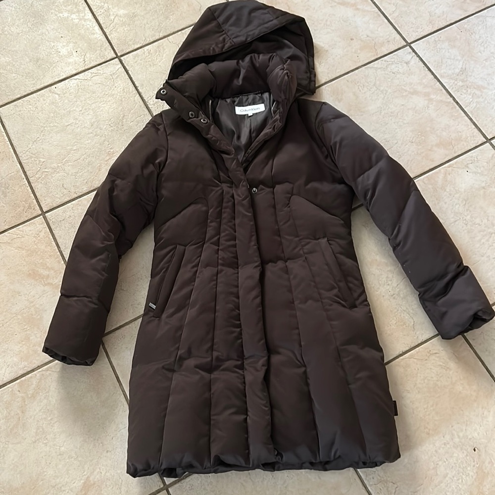 Calvin Klein Brown Long Down Puffer Hooded Coat - Size XS- Excellent Condition
